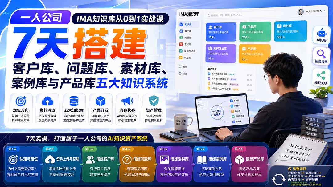 一人公司IMA知识库从0到1实战课：7天搭建客户库、问题库、素材库、案例库与产品库五大知识系统网络赚钱,项目资源网,副业资源网,兼职项目,网赚课程-副业赚钱-互联网创业-独家轻创IP大圣网创