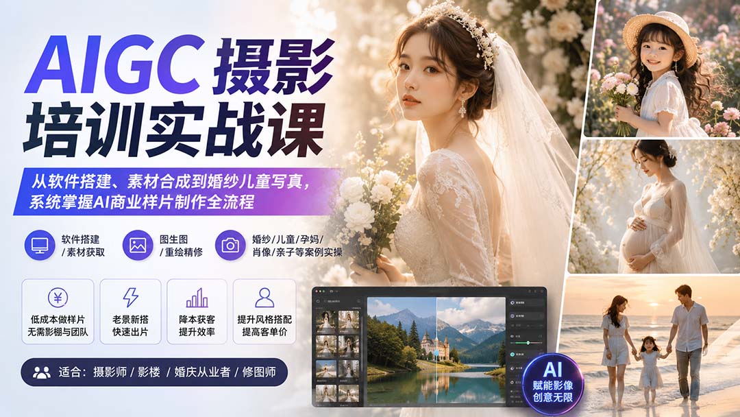 AIGC摄影培训实战课：从软件搭建、素材合成到婚纱儿童写真，系统掌握AI商业样片制作全流程网络赚钱,项目资源网,副业资源网,兼职项目,网赚课程-副业赚钱-互联网创业-独家轻创IP大圣网创