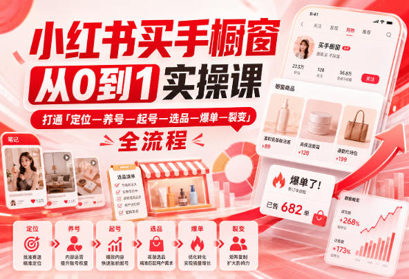 小红书买手橱窗从0到1实操课,打通「定位—养号—起号—选品—爆单—裂变」全流程网络赚钱,项目资源网,副业资源网,兼职项目,网赚课程-副业赚钱-互联网创业-独家轻创IP大圣网创
