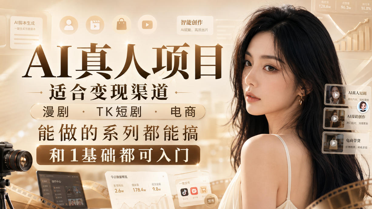 AI真人项目，适合变现渠道，漫剧，TK短剧，电商，能做的系列都能搞，0和1基础都可入门网络赚钱,项目资源网,副业资源网,兼职项目,网赚课程-副业赚钱-互联网创业-独家轻创IP大圣网创