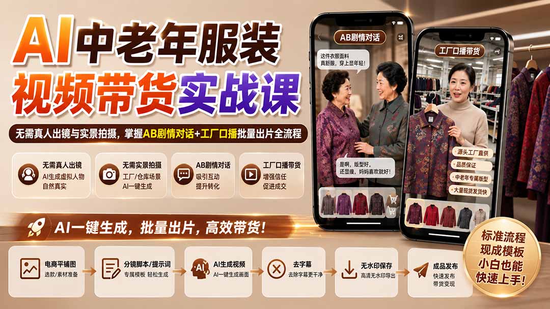 AI中老年服装视频带货实战课：无需真人出镜与实景拍摄，掌握AB剧情对话+工厂口播批量出片全流程网络赚钱,项目资源网,副业资源网,兼职项目,网赚课程-副业赚钱-互联网创业-独家轻创IP大圣网创