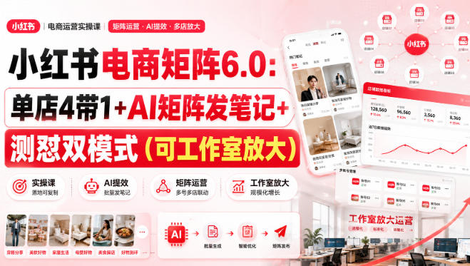 小红书电商矩阵6.0：单店4带1+AI矩阵发笔记+测怼双模式(可工作室放大)网络赚钱,项目资源网,副业资源网,兼职项目,网赚课程-副业赚钱-互联网创业-独家轻创IP大圣网创