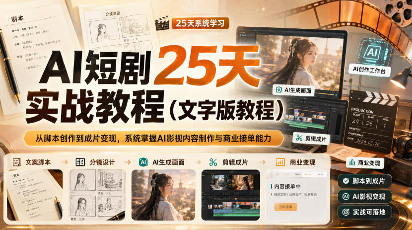AI短剧25天实战教程(文字版教程),从脚本创作到成片变现,系统掌握AI影视内容制作与商业接单能力网络赚钱,项目资源网,副业资源网,兼职项目,网赚课程-副业赚钱-互联网创业-独家轻创IP大圣网创