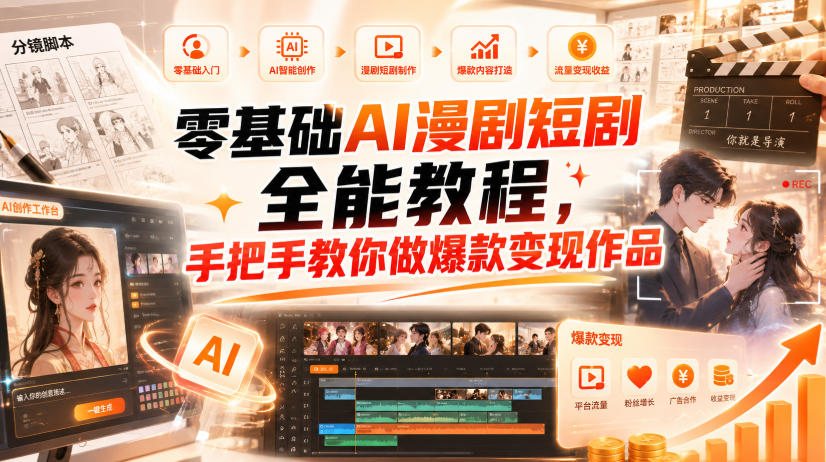 零基础AI漫剧短剧全能教程，从AI智能体搭建、文案脚本分镜、多平台AI生视频、剪映精修，覆盖全题材创作，手把手教你做爆款变现作品网络赚钱,项目资源网,副业资源网,兼职项目,网赚课程-副业赚钱-互联网创业-独家轻创IP大圣网创