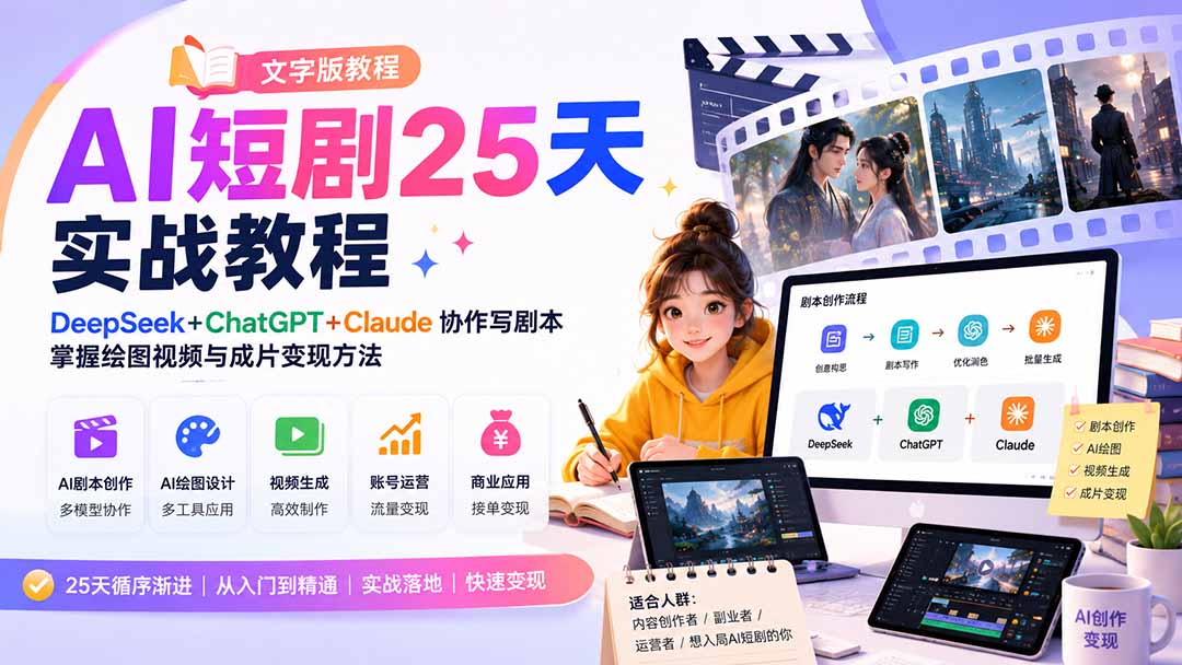 AI短剧25天实战教程(文字版教程网络赚钱,项目资源网,副业资源网,兼职项目,网赚课程-副业赚钱-互联网创业-独家轻创IP大圣网创