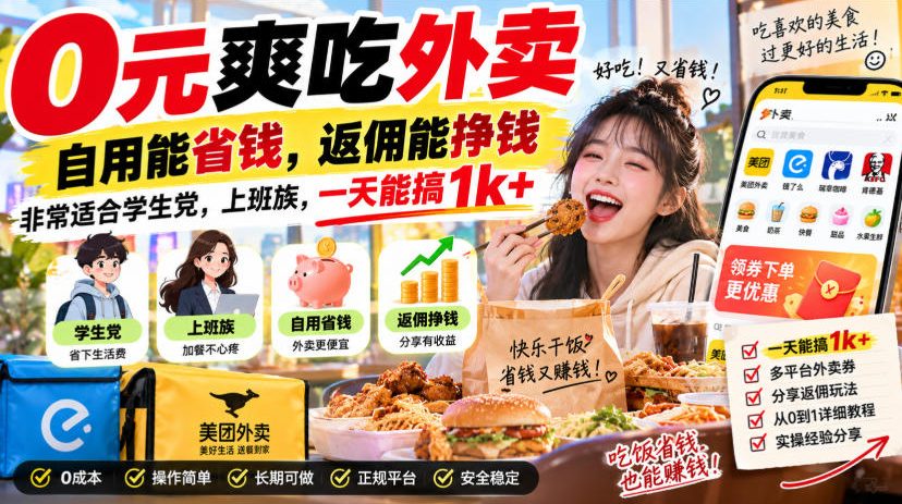 0元爽吃外卖，自用能省钱，返佣能挣钱，非常适合学生党，上班族，一天能搞1k+网络赚钱,项目资源网,副业资源网,兼职项目,网赚课程-副业赚钱-互联网创业-独家轻创IP大圣网创
