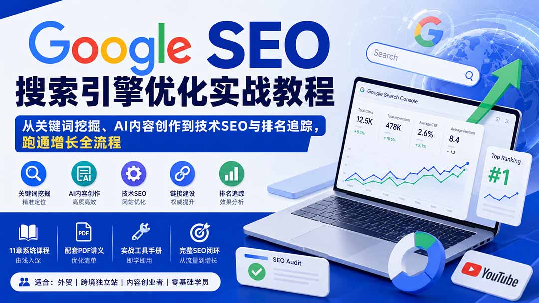 Google SEO搜索引擎优化实战教程:从关键词挖掘、AI内容创作到技术SEO与排名追踪,跑通增长全流程网络赚钱,项目资源网,副业资源网,兼职项目,网赚课程-副业赚钱-互联网创业-独家轻创IP大圣网创