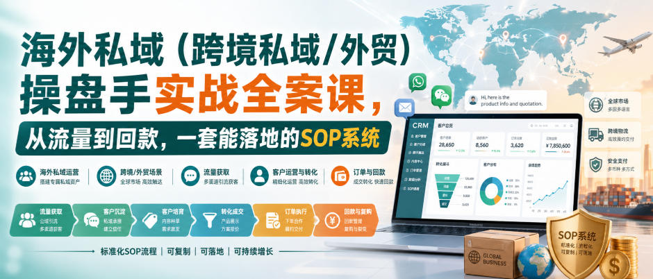 海外私域(跨境私域/外贸)操盘手实战全案课，从流量到回款，一套能落地的SOP系统网络赚钱,项目资源网,副业资源网,兼职项目,网赚课程-副业赚钱-互联网创业-独家轻创IP大圣网创