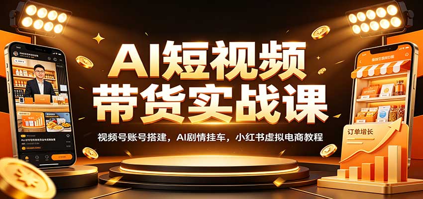 AI短视频带货实战课：视频号账号搭建，AI剧情挂车，小红书虚拟电商教程网络赚钱,项目资源网,副业资源网,兼职项目,网赚课程-副业赚钱-互联网创业-独家轻创IP大圣网创