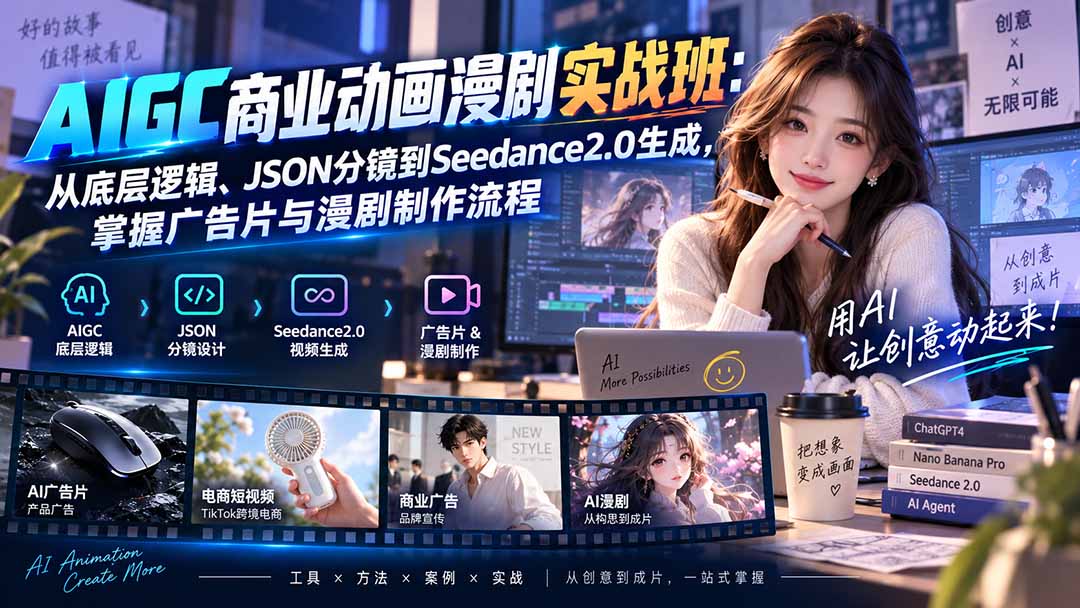 AIGC商业动画漫剧实战班-更新：从底层逻辑、JSON分镜到Seedance2.0生成，掌握广告片与漫剧制作流程网络赚钱,项目资源网,副业资源网,兼职项目,网赚课程-副业赚钱-互联网创业-独家轻创IP大圣网创