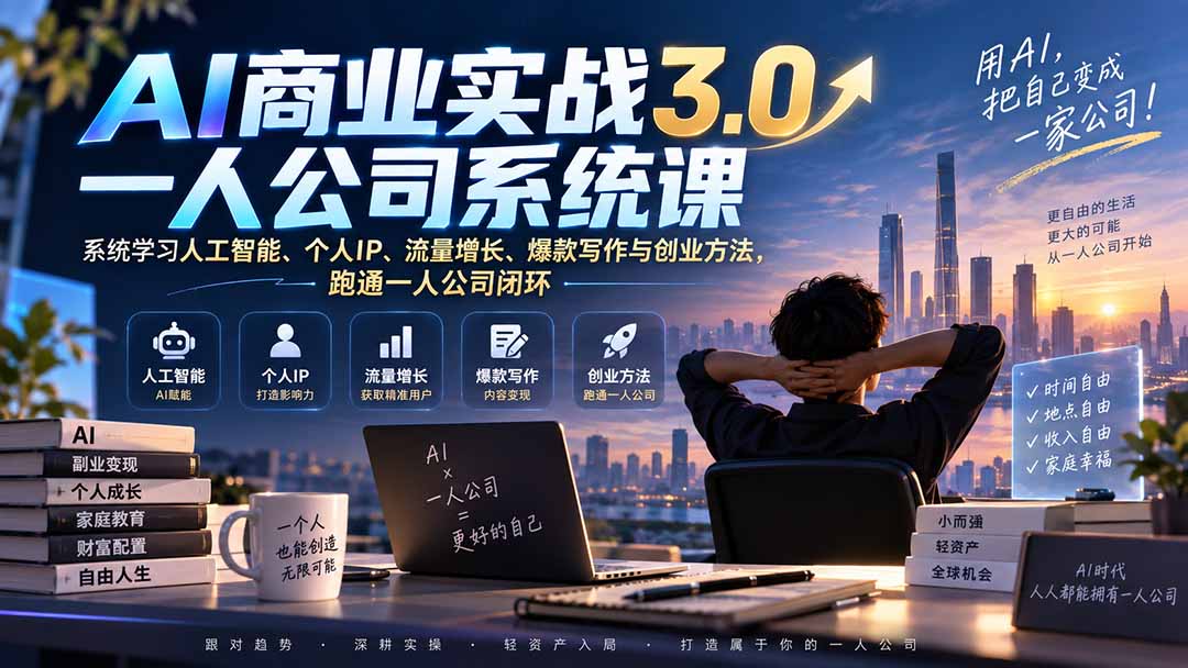 AI商业实战3.0一人公司系统课:系统学习人工智能、个人IP、流量增长、爆款写作与创业方法,跑通一人公司闭环网络赚钱,项目资源网,副业资源网,兼职项目,网赚课程-副业赚钱-互联网创业-独家轻创IP大圣网创
