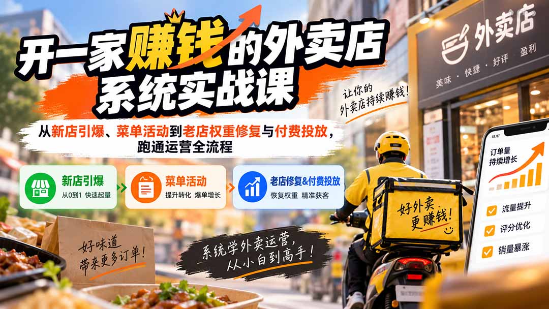 开一家赚钱的外卖店系统实战课:从新店引爆、菜单活动到老店权重修复与付费投放,跑通运营全流程网络赚钱,项目资源网,副业资源网,兼职项目,网赚课程-副业赚钱-互联网创业-独家轻创IP大圣网创