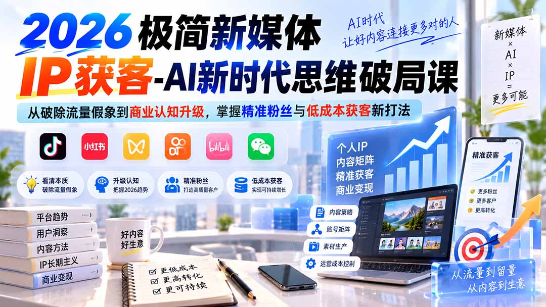2026极简新媒体IP获客-AI新时代思维破局课：从破除流量假象到商业认知升级，掌握精准粉丝与低成本获客新打法网络赚钱,项目资源网,副业资源网,兼职项目,网赚课程-副业赚钱-互联网创业-独家轻创IP大圣网创