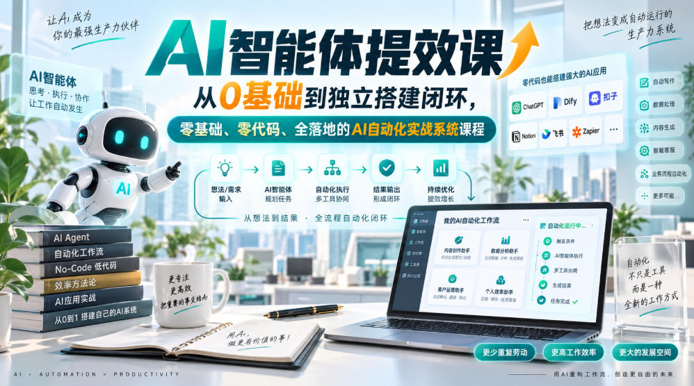 AI智能体提效课,从0基础到独立搭建闭环,零基础、零代码、全落地的AI自动化实战系统课程网络赚钱,项目资源网,副业资源网,兼职项目,网赚课程-副业赚钱-互联网创业-独家轻创IP大圣网创