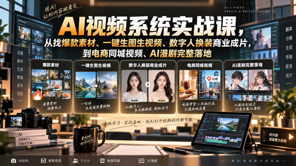 AI视频系统实战课,从找爆款素材、一键生图生视频、数字人换装商业成片,到电商同城视频、AI漫剧完整落地网络赚钱,项目资源网,副业资源网,兼职项目,网赚课程-副业赚钱-互联网创业-独家轻创IP大圣网创