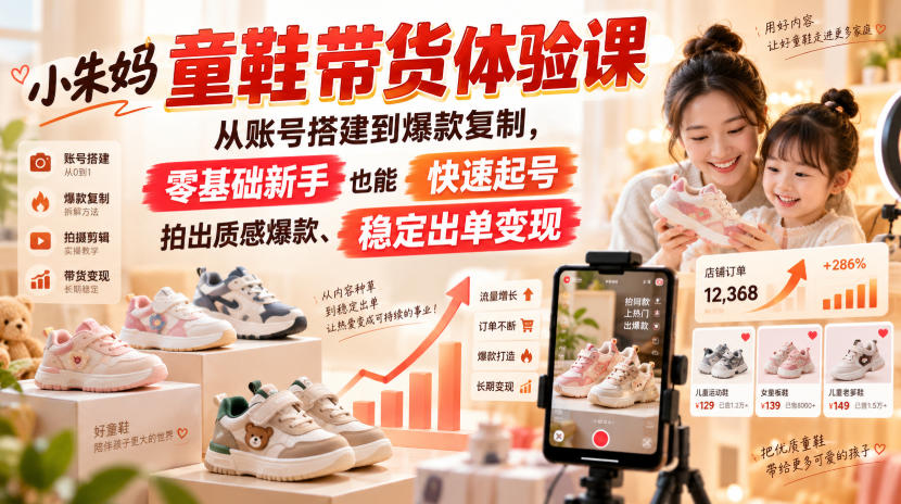 小朱妈童鞋带货体验课,从账号搭建到爆款复制,零基础新手也能快速起号、拍出质感爆款、稳定出单变现网络赚钱,项目资源网,副业资源网,兼职项目,网赚课程-副业赚钱-互联网创业-独家轻创IP大圣网创