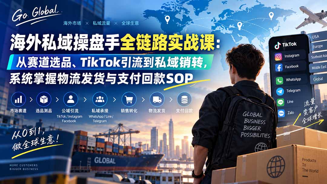 海外私域操盘手全链路实战课:从赛道选品、TikTok引流到私域销转,系统掌握物流发货与支付回款SOP网络赚钱,项目资源网,副业资源网,兼职项目,网赚课程-副业赚钱-互联网创业-独家轻创IP大圣网创