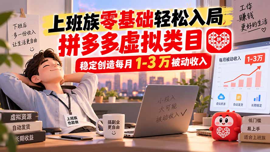 上班族零基础轻松入局,拼多多虚拟类目,稳定创造每月 1-3 万被动收入网络赚钱,项目资源网,副业资源网,兼职项目,网赚课程-副业赚钱-互联网创业-独家轻创IP大圣网创