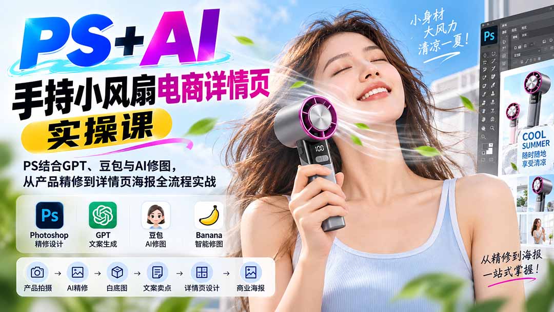 PS+AI手持小风扇电商详情页实操课：PS结合GPT、豆包与AI修图，从产品精修到详情页海报全流程实战网络赚钱,项目资源网,副业资源网,兼职项目,网赚课程-副业赚钱-互联网创业-独家轻创IP大圣网创