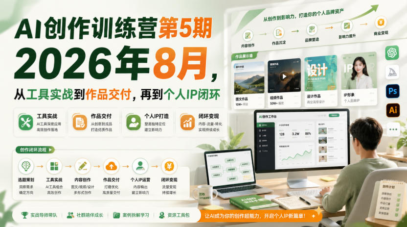 AI创作训练营第5期2026年8月，从工具实战到作品交付，再到个人IP闭环(更新0904)网络赚钱,项目资源网,副业资源网,兼职项目,网赚课程-副业赚钱-互联网创业-独家轻创IP大圣网创
