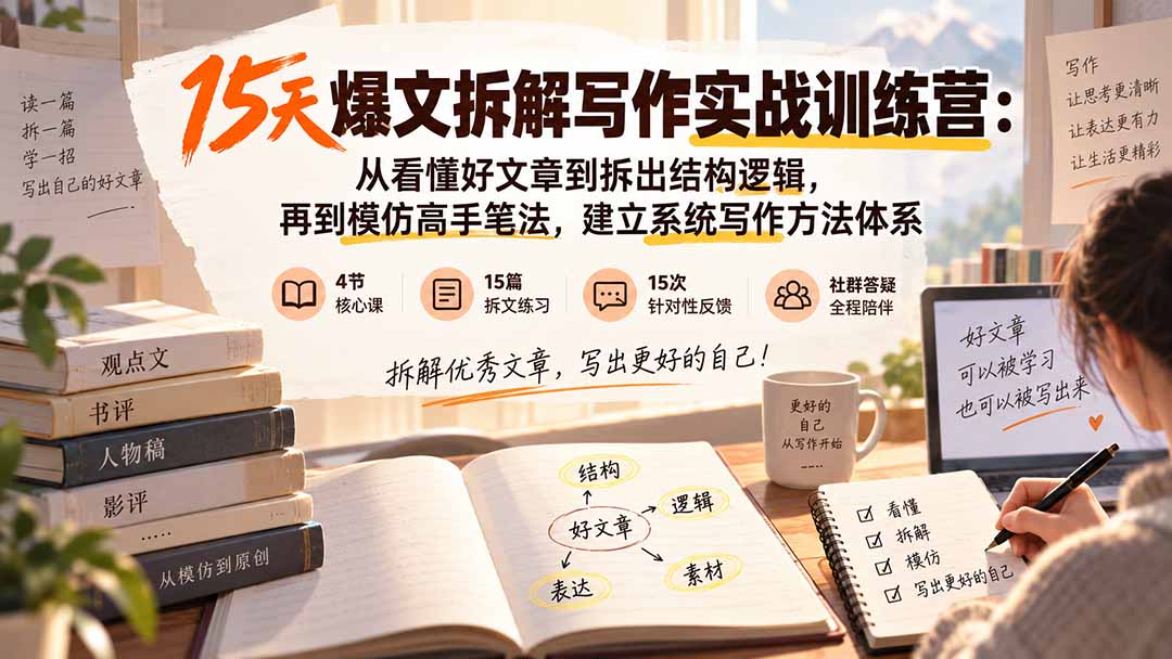15天爆文拆解写作实战训练营:从看懂好文章到拆出结构逻辑,再到模仿高手笔法,建立系统写作方法体系网络赚钱,项目资源网,副业资源网,兼职项目,网赚课程-副业赚钱-互联网创业-独家轻创IP大圣网创