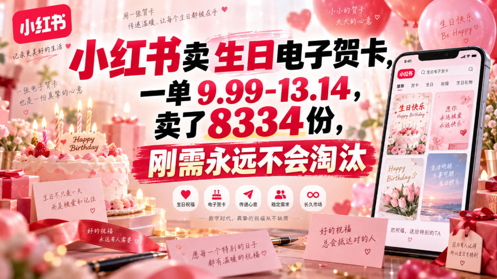 小红书卖生日电子贺卡，一单9.99-13.14，卖了8334份，刚需永远不会淘汰网络赚钱,项目资源网,副业资源网,兼职项目,网赚课程-副业赚钱-互联网创业-独家轻创IP大圣网创