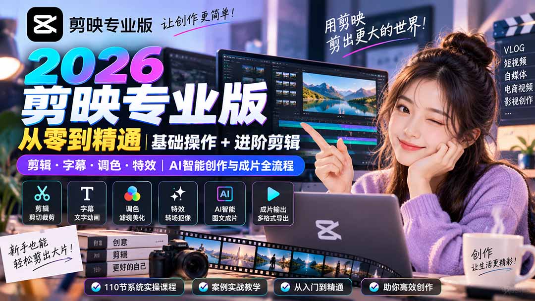 2026剪映专业版从零到精通|基础操作+进阶剪辑|剪辑·字幕·调色·特效|AI智能创作与成片全流程网络赚钱,项目资源网,副业资源网,兼职项目,网赚课程-副业赚钱-互联网创业-独家轻创IP大圣网创