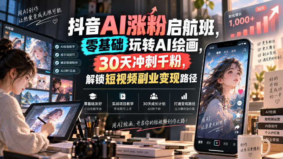 抖音AI涨粉启航班,零基础玩转AI绘画,30天冲刺千粉,解锁短视频副业变现路径网络赚钱,项目资源网,副业资源网,兼职项目,网赚课程-副业赚钱-互联网创业-独家轻创IP大圣网创