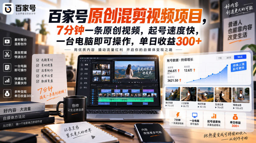 百家号原创混剪视频项目,7分钟一条原创视频,起号速度快,一台电脑即可操作,单日收益300+网络赚钱,项目资源网,副业资源网,兼职项目,网赚课程-副业赚钱-互联网创业-独家轻创IP大圣网创