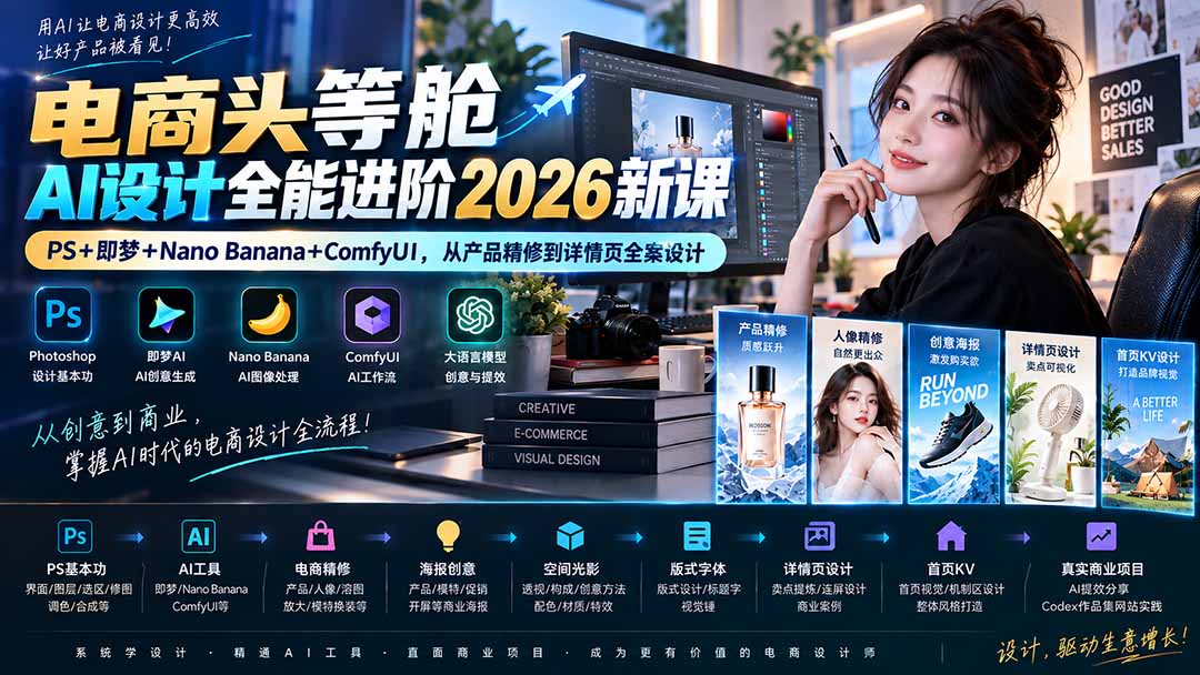 电商头等舱AI设计全能进阶2026新课:PS+即梦+Nano Banana+ComfyUI,从产品精修到详情页全案设计网络赚钱,项目资源网,副业资源网,兼职项目,网赚课程-副业赚钱-互联网创业-独家轻创IP大圣网创