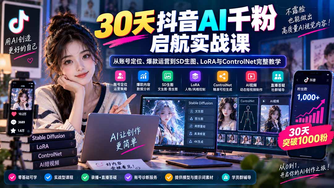 30天抖音AI千粉启航实战课:从账号定位、爆款运营到SD生图、LoRA与ControlNet完整教学网络赚钱,项目资源网,副业资源网,兼职项目,网赚课程-副业赚钱-互联网创业-独家轻创IP大圣网创