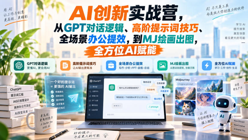 AI创新实战营，从GPT对话逻辑、高阶提示词技巧、全场景办公提效，到MJ绘画出图，全方位AI赋能网络赚钱,项目资源网,副业资源网,兼职项目,网赚课程-副业赚钱-互联网创业-独家轻创IP大圣网创