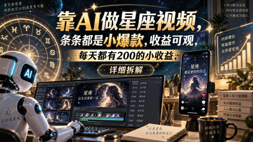 靠AI做星座视频,条条都是小爆款,收益可观,每天都有200的小收益,详细拆解网络赚钱,项目资源网,副业资源网,兼职项目,网赚课程-副业赚钱-互联网创业-独家轻创IP大圣网创