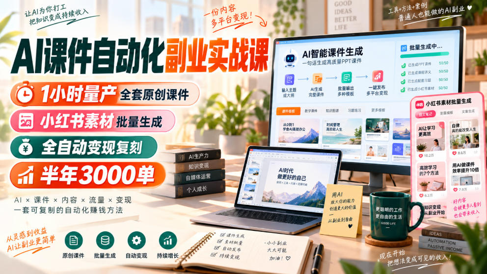 AI课件自动化副业实战课,1小时量产全套原创课件,小红书素材批量生成,全自动变现复刻,半年3000单网络赚钱,项目资源网,副业资源网,兼职项目,网赚课程-副业赚钱-互联网创业-独家轻创IP大圣网创