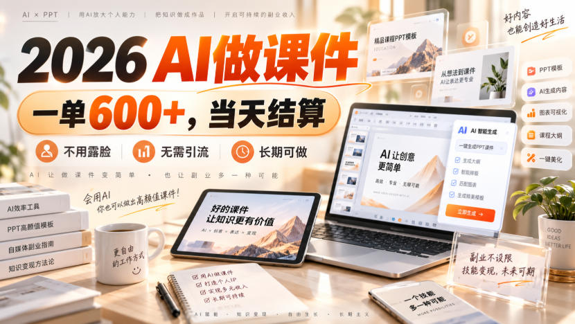 2026 AI做课件，一单600+，当天结算，不用露脸，无需引流，长期可做【揭秘】网络赚钱,项目资源网,副业资源网,兼职项目,网赚课程-副业赚钱-互联网创业-独家轻创IP大圣网创