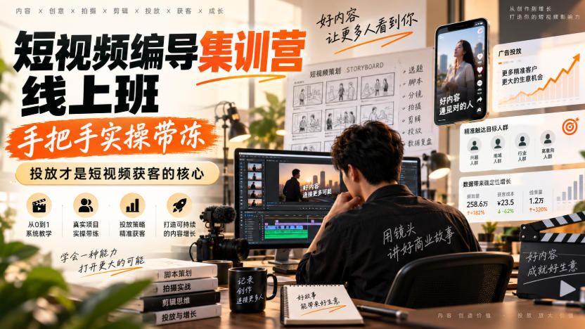 短视频编导集训营线上班,手把手实操带冻,投放才是短视频获客的核心网络赚钱,项目资源网,副业资源网,兼职项目,网赚课程-副业赚钱-互联网创业-独家轻创IP大圣网创