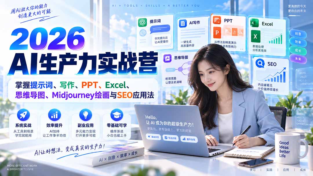 2026AI生产力实战营:掌握提示词、写作、PPT、Excel、思维导图、Midjourney绘画与SEO应用法网络赚钱,项目资源网,副业资源网,兼职项目,网赚课程-副业赚钱-互联网创业-独家轻创IP大圣网创