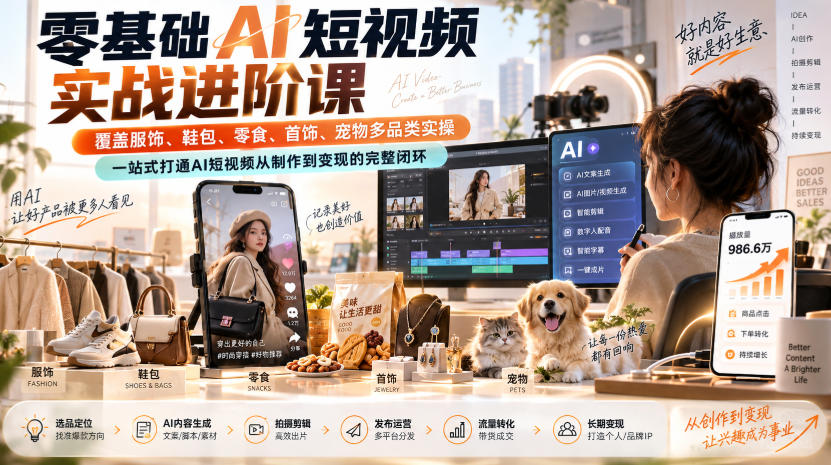 零基础AI短视频实战进阶课，覆盖服饰、鞋包、零食、首饰、宠物多品类实操，一站式打通AI短视频从制作到变现的完整闭环网络赚钱,项目资源网,副业资源网,兼职项目,网赚课程-副业赚钱-互联网创业-独家轻创IP大圣网创