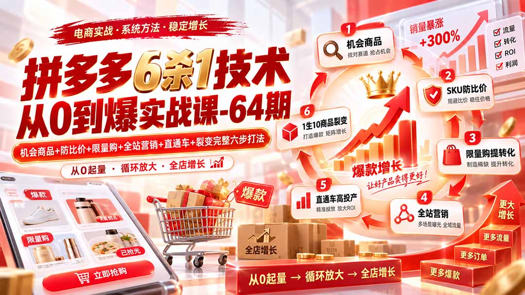 拼多多6杀1技术从0到爆实战课-64期:机会商品+防比价+限量购+全站营销+直通车+裂变完整六步打法网络赚钱,项目资源网,副业资源网,兼职项目,网赚课程-副业赚钱-互联网创业-独家轻创IP大圣网创