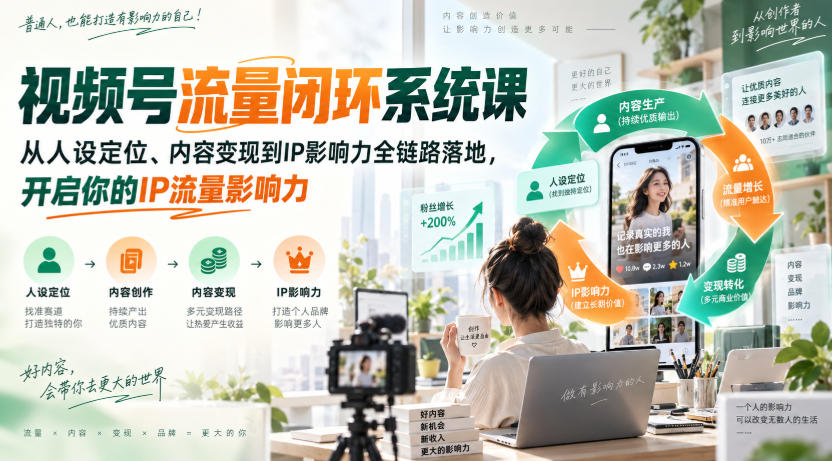 视频号流量闭环系统课,从人设定位、内容变现到IP影响力全链路落地,开启你的IP流量影响力网络赚钱,项目资源网,副业资源网,兼职项目,网赚课程-副业赚钱-互联网创业-独家轻创IP大圣网创
