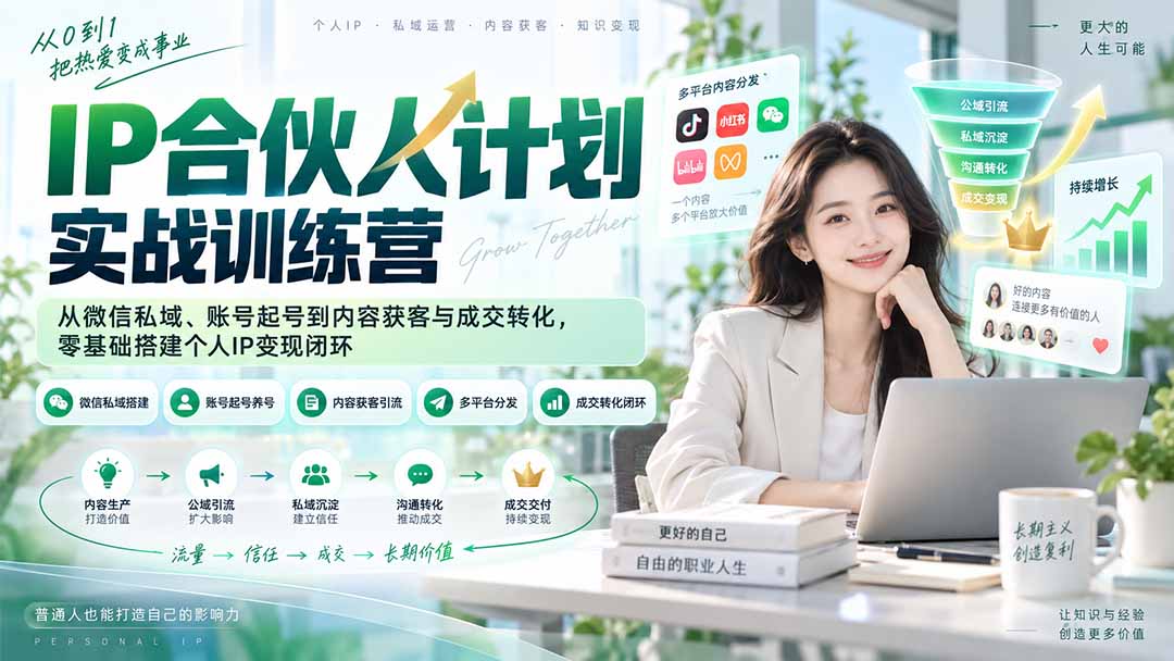 IP合伙人计划实战训练营-更新:从微信私域、账号起号到内容获客与成交转化,零基础搭建个人IP变现闭环网络赚钱,项目资源网,副业资源网,兼职项目,网赚课程-副业赚钱-互联网创业-独家轻创IP大圣网创