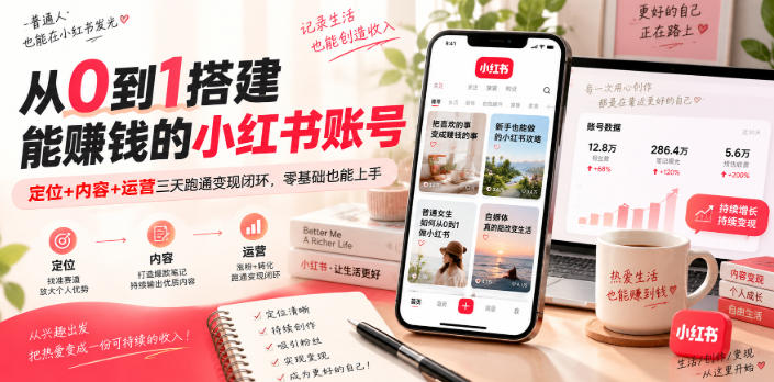 从0到1搭建能賺钱的小红书账号，定位+内容+运营三天跑通变现闭环网络赚钱,项目资源网,副业资源网,兼职项目,网赚课程-副业赚钱-互联网创业-独家轻创IP大圣网创