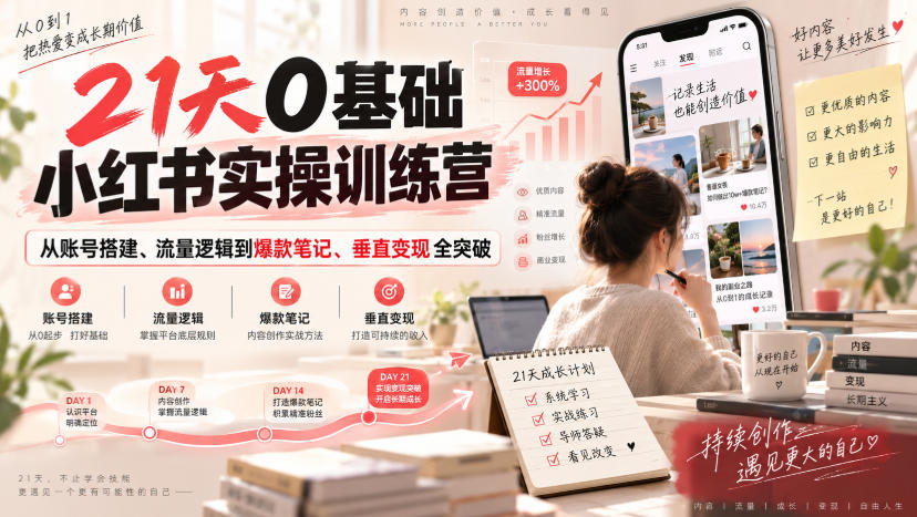 21天0基础小红书实操训练营|从账号搭建、流量逻辑到爆款笔记、垂直变现全突破网络赚钱,项目资源网,副业资源网,兼职项目,网赚课程-副业赚钱-互联网创业-独家轻创IP大圣网创