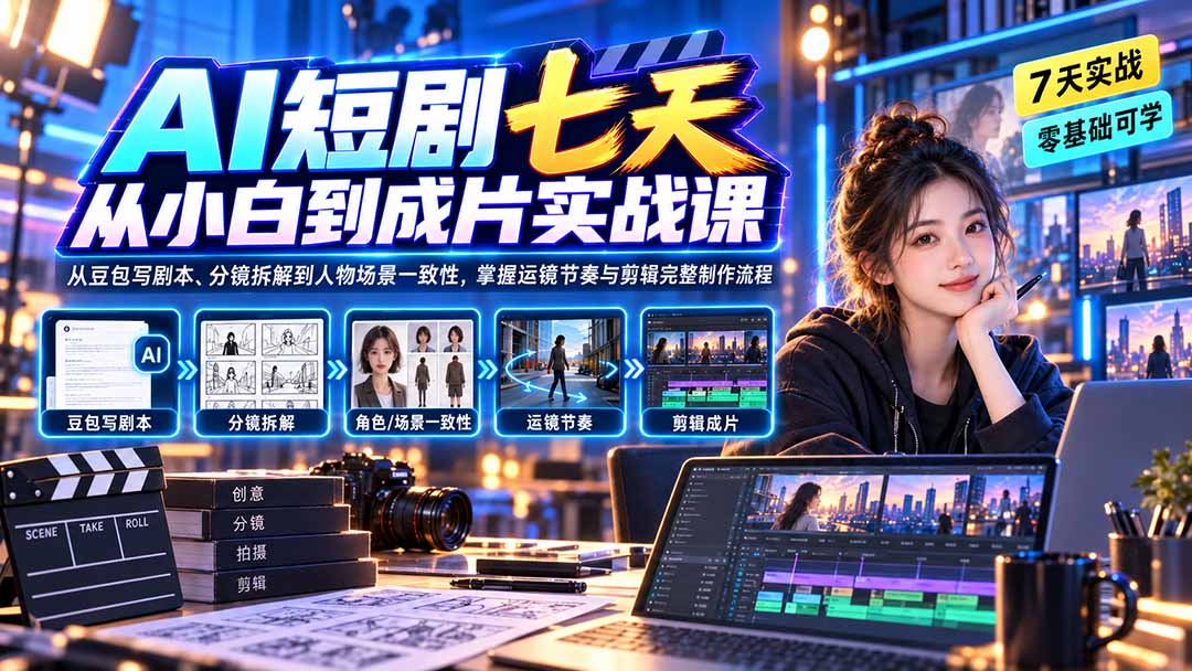 AI短剧七天从小白到成片实战课：从豆包写剧本、分镜拆解到人物场景一致性，掌握运镜节奏与剪辑完整制作流程网络赚钱,项目资源网,副业资源网,兼职项目,网赚课程-副业赚钱-互联网创业-独家轻创IP大圣网创