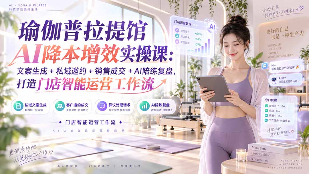瑜伽普拉提馆AI降本增效实操课:文案生成+私域邀约+销售成交+AI陪练复盘,打造门店智能运营工作流网络赚钱,项目资源网,副业资源网,兼职项目,网赚课程-副业赚钱-互联网创业-独家轻创IP大圣网创