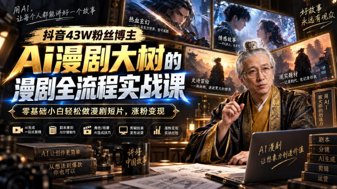 抖音43W粉丝博主Ai漫剧大树的漫剧制作全流程实战课，零基础小白轻松做漫剧短片，涨粉变现网络赚钱,项目资源网,副业资源网,兼职项目,网赚课程-副业赚钱-互联网创业-独家轻创IP大圣网创