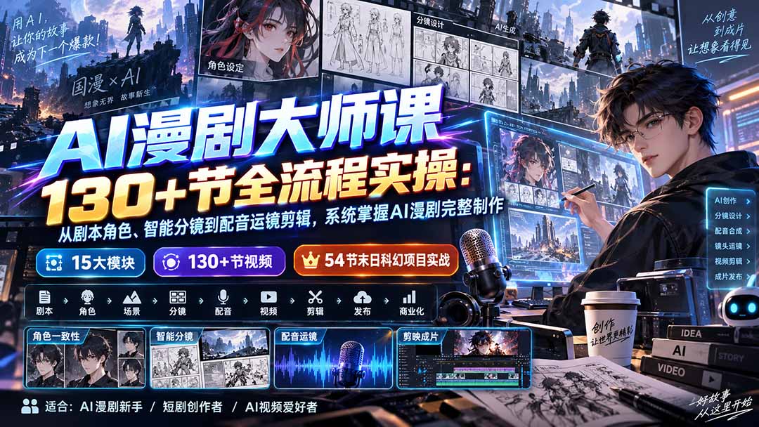 AI漫剧大师课130+节全流程实操：从剧本角色、智能分镜到配音运镜剪辑，系统掌握AI漫剧完整制作网络赚钱,项目资源网,副业资源网,兼职项目,网赚课程-副业赚钱-互联网创业-独家轻创IP大圣网创