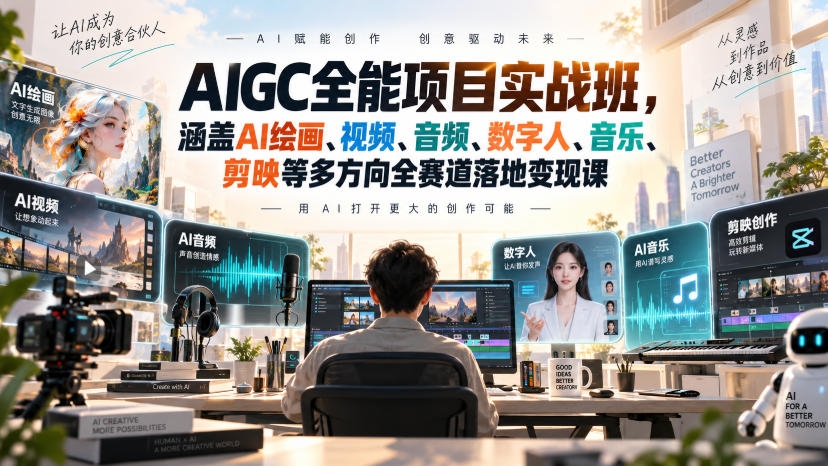 AIGC全能项目实战班，涵盖AI绘画、视频、音频、数字人、音乐、剪映等多方向全赛道落地变现课网络赚钱,项目资源网,副业资源网,兼职项目,网赚课程-副业赚钱-互联网创业-独家轻创IP大圣网创