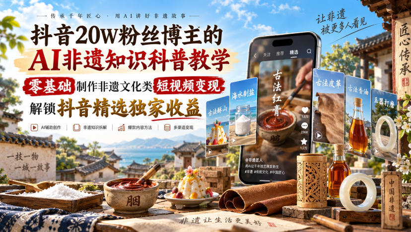 抖音20W粉丝博主的AI非遗知识科普教学，零基础制作非遗文化类短视频变现，解锁抖音精选独家收益网络赚钱,项目资源网,副业资源网,兼职项目,网赚课程-副业赚钱-互联网创业-独家轻创IP大圣网创