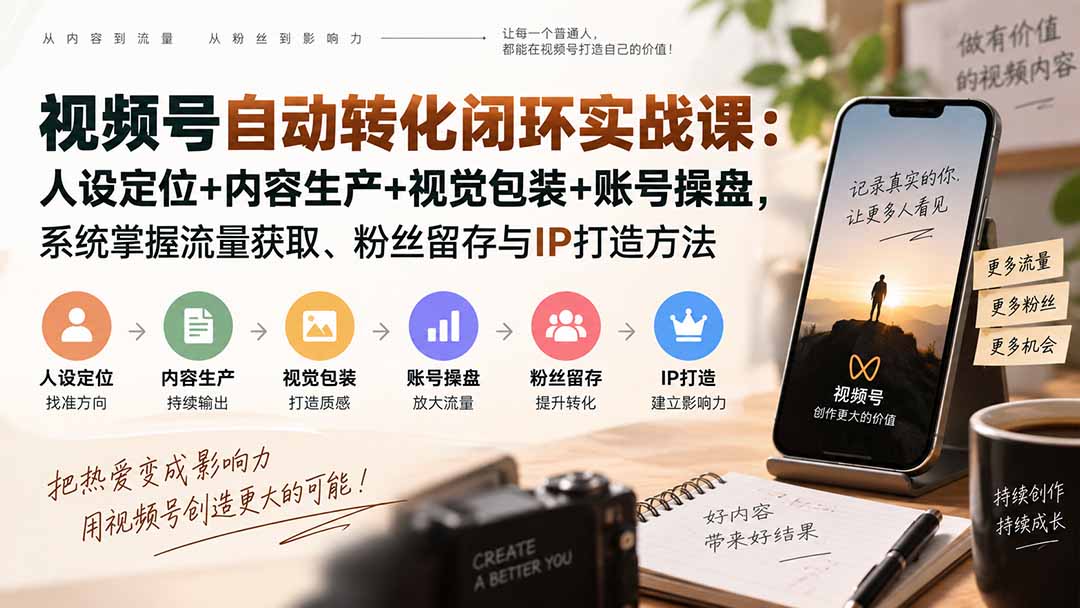 视频号自动转化闭环实战课：人设定位+内容生产+视觉包装+账号操盘，系统掌握流量获取、粉丝留存与IP打造方法网络赚钱,项目资源网,副业资源网,兼职项目,网赚课程-副业赚钱-互联网创业-独家轻创IP大圣网创
